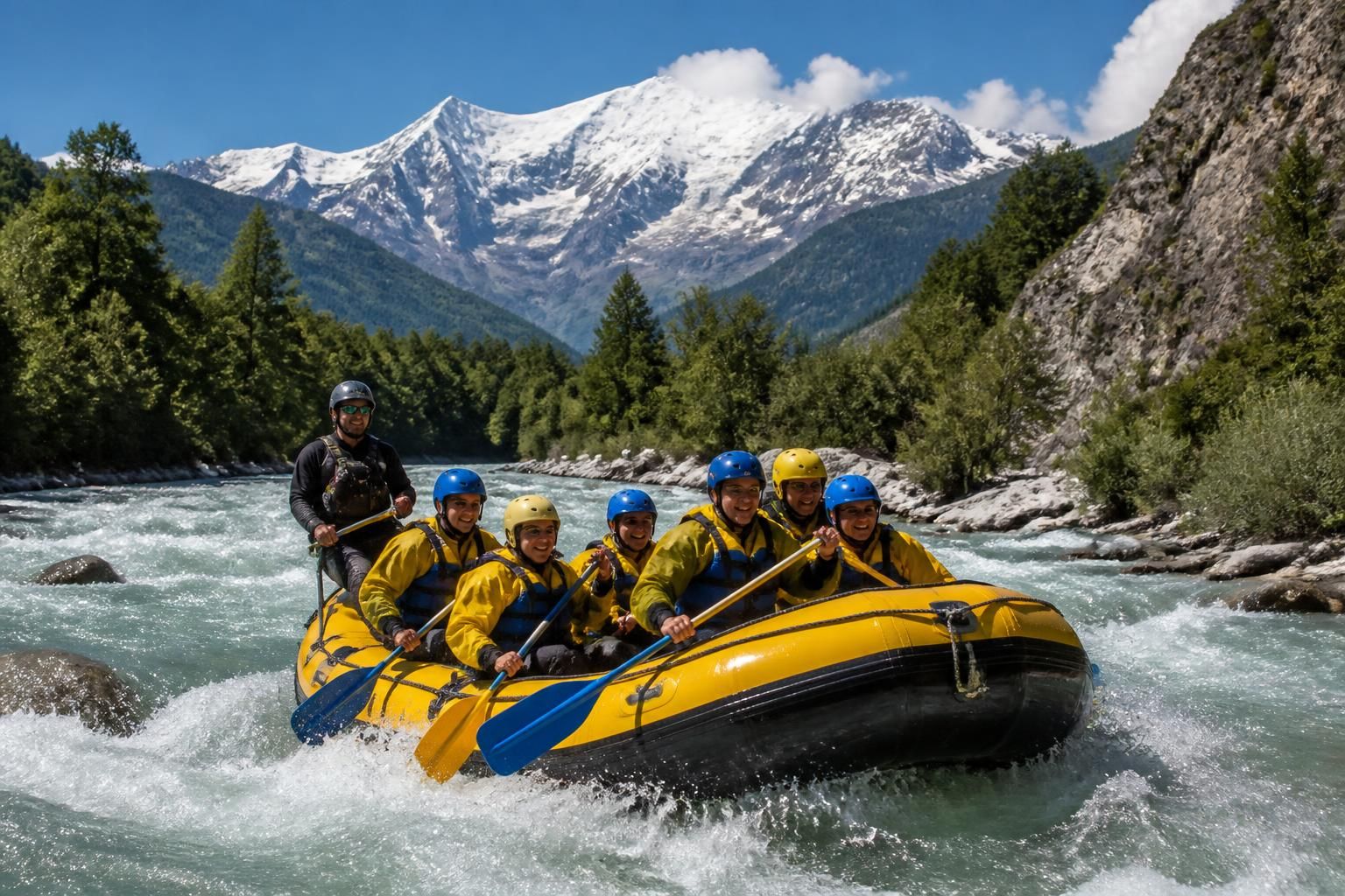 découvrez le rafting à passy, sur l'arve au pied du mont-blanc, pour une aventure sportive unique en pleine nature et des sensations garanties.